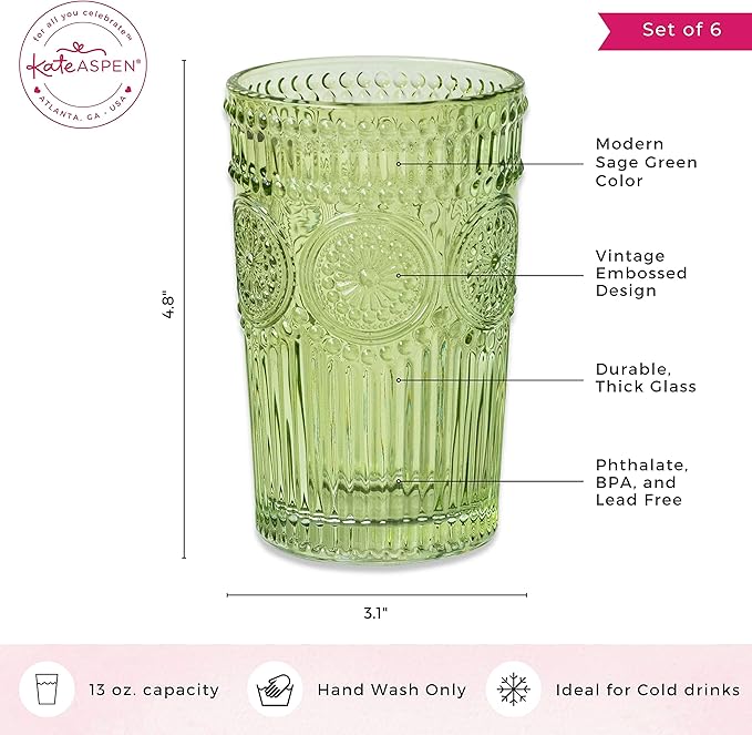 Kate Aspen Vintage Ribbed Green Drinking Glasses, Set of 6 (13oz)