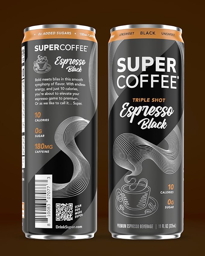 SUPER COFFEE Espresso, Iced Keto Coffee (0g Added Sugar, 10 Calories) [Triple Shot Black] 11 Fl Oz