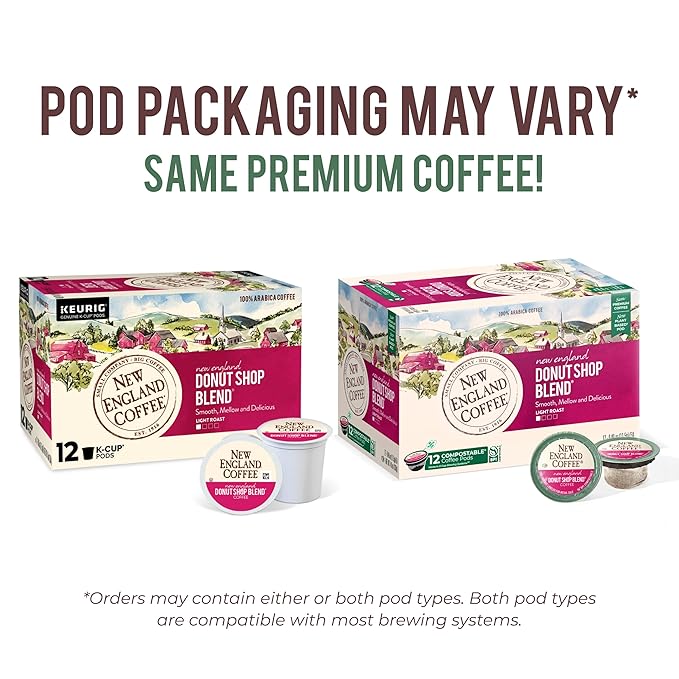 New England Coffee Donut Shop Blend Light Roast Single Serve Pods, 12ct Box (Pack of 6)