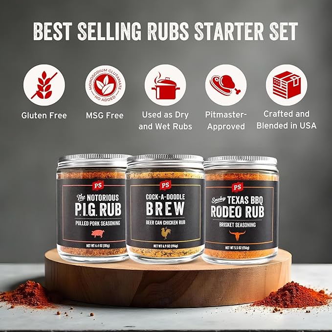 PS Seasoning Dry BBQ Rub Variety Pack - Notorious PIG, Cock-A-Doodle Brew, Texas Rodeo - BBQ