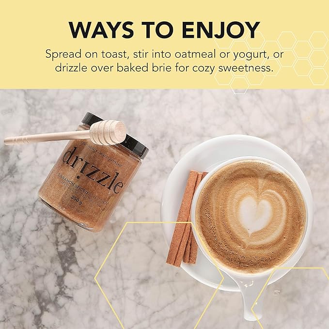Drizzle Cinnamon Spiced Raw Honey - All Natural Pure Raw Honey with Organic Cinnamon, Unfiltered &