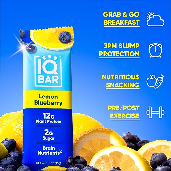 IQBAR Brain and Body Plant Protein Bars - Lemon Blueberry - 36-Count Low Carb - Gluten Free, High