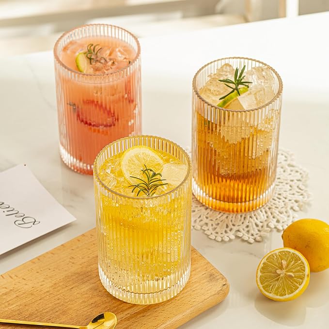 Vintage Ribbed Glassware Set: 6pcs 16.9oz XL Drinking Glasses, Fluted Ripple Drinkware, Origami