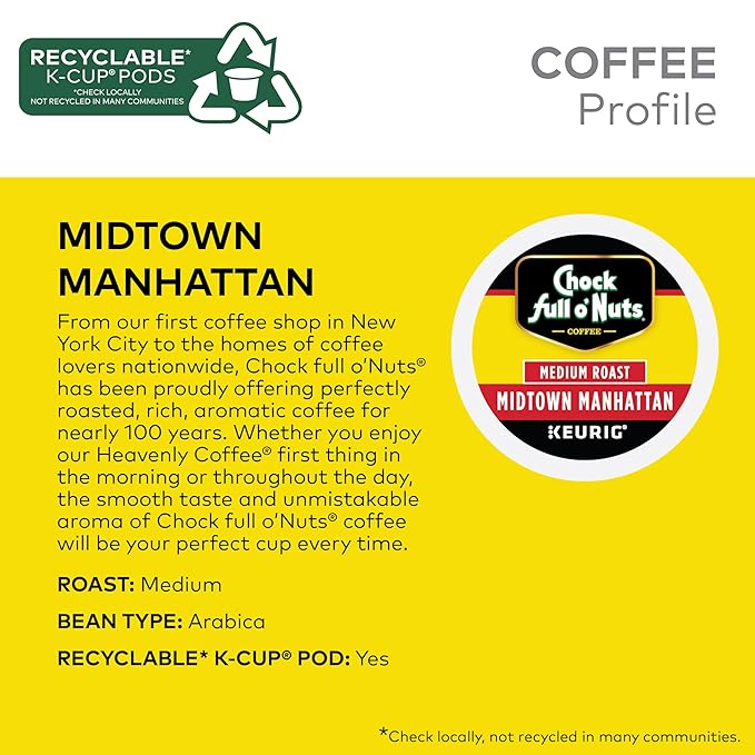 Chock full o’Nuts Midtown Manhattan Keurig K-Cup Pods for Keurig Brewers – Premium Arabica, Medium