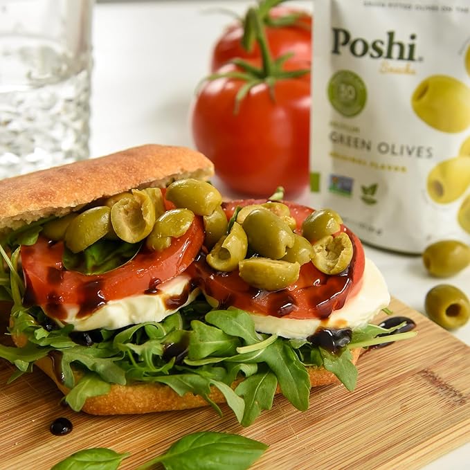 Poshi Green Olives On-The-Go - Original Flavor - Single Serve Pitted Olives - Convenient and