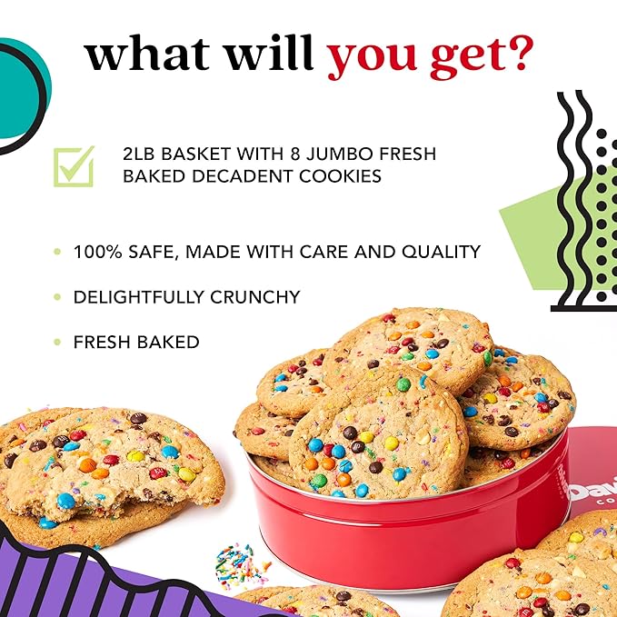 David's Cookies Fresh Baked Decadent Jumbo Birthday Gourmet Cookies – 2lb Gift Basket Tin with 8