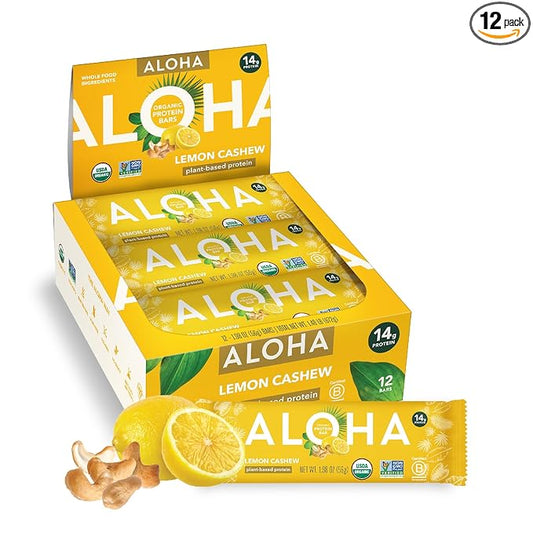 ALOHA Organic Plant Based Protein Bars - Lemon Cashew - 12-Count - Vegan, Low Sugar, Gluten-Free