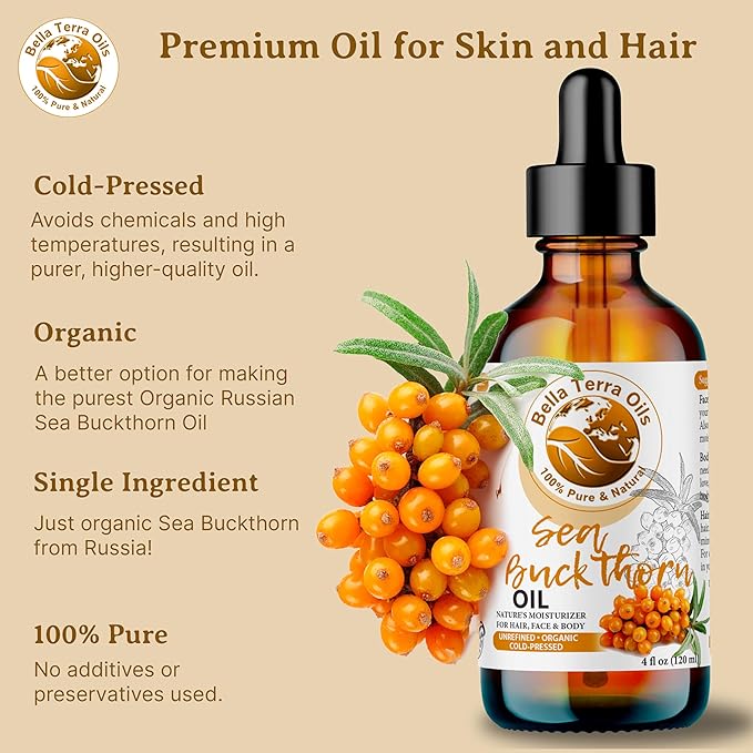 Bella Terra Oils - Organic Sea Buckthorn Oil 8oz - Cold-Pressed Treasure, Bursting with Omega-3 &
