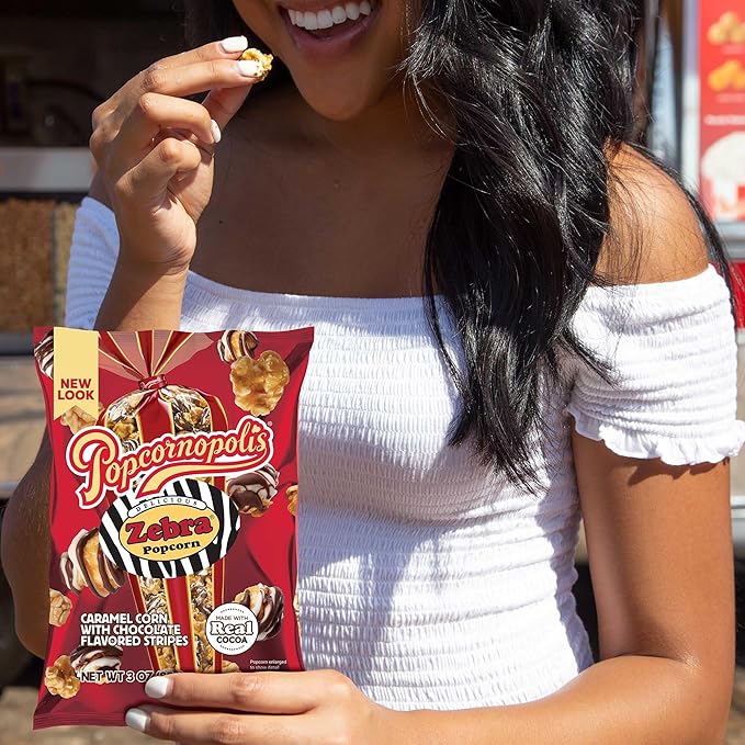 Popcornopolis Zebra Popcorn, Caramel Corn with Chocolate Flavored Stripes, Multipack, 12 Individual