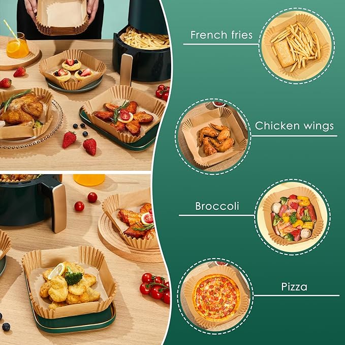 250 Pcs 8" Square Air Fryer Liners Disposable, Unbleached Parchment Paper Liners for Airfryer