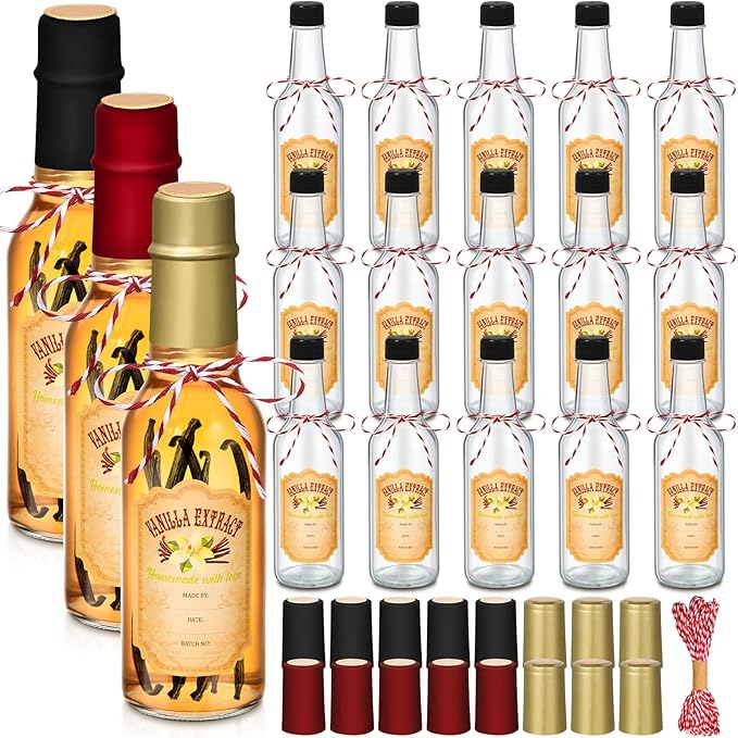 Tioncy 16 Pcs Vanilla Extract Bottles for Homemade Vanilla Jar Glass Bottle with Cap, Shrink Band