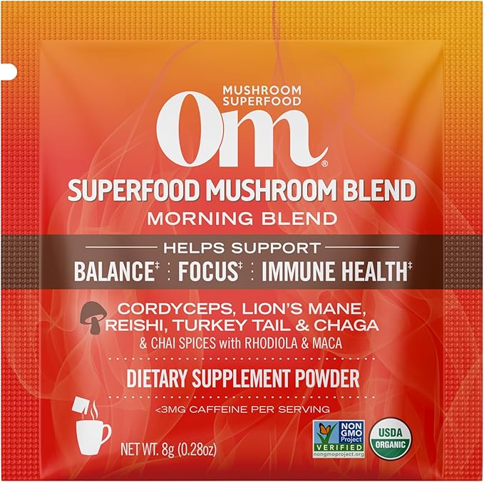 Om Mushroom Superfood Morning Energy Blend Mushroom Powder Drink, Single Serve, 10 Count, Coffee