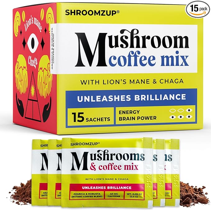 Instant Mushroom Coffee with Lions Mane and Chaga - 15 Pack - Nootropic Superfood Mushroom Coffee