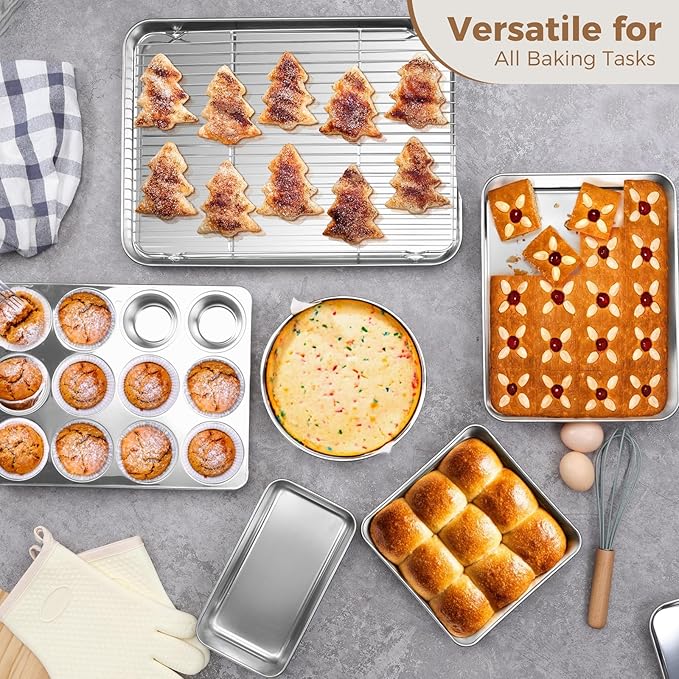 E-far 9-Piece Baking Pan Set, Stainless Steel Bakeware Sets for Sheet Cake Cookie Loaf Muffin