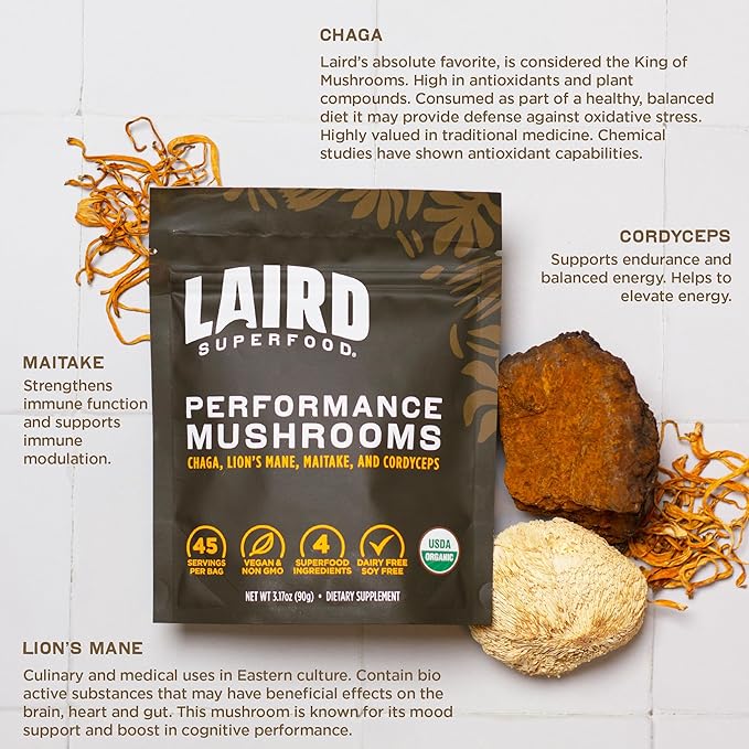 Laird Superfood Organic Performance Mushroom Blend with Chaga, Cordyceps, Lion's Mane and Maitake