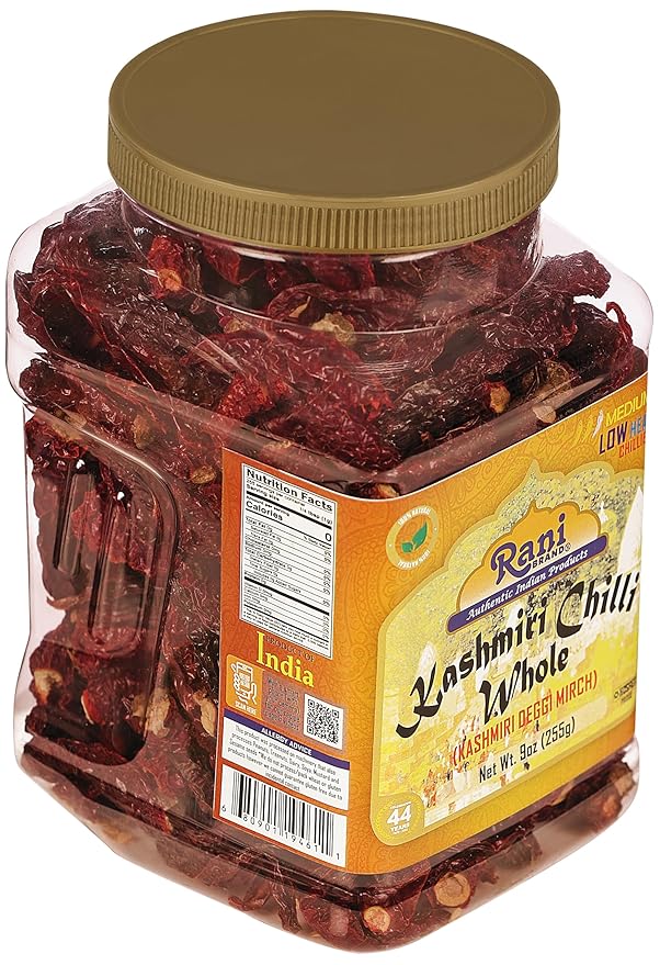 Rani Kashmiri Chilli Whole (Deggi Mirch, Low Heat) 9oz (255g) PET Jar ~ Natural | Salt-Free | Vegan