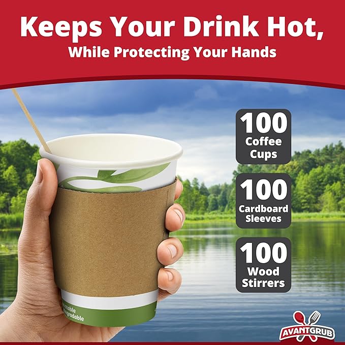 Recyclable Biodegradable Hot Drink Cups 12 Oz 100 Pk of Compostable Paper Mugs, Wood Stirrers and