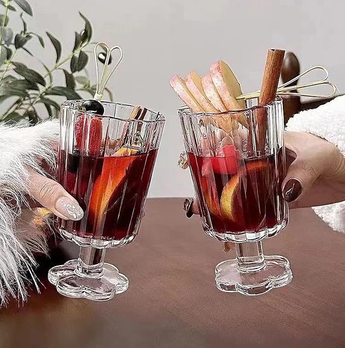 Footed Ice Cream Cups Drinking Glasses Set of 2 (Transparent), Flower Petal Style Glass Goblet