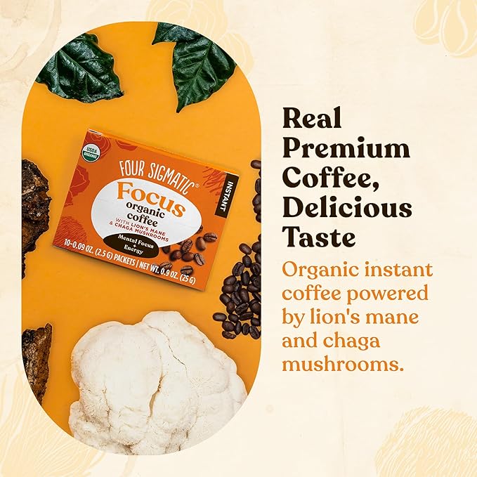 Four Sigmatic Focus Organic Mushroom Coffee | Instant Mushroom Coffee Mix with Lion's Mane, Chaga