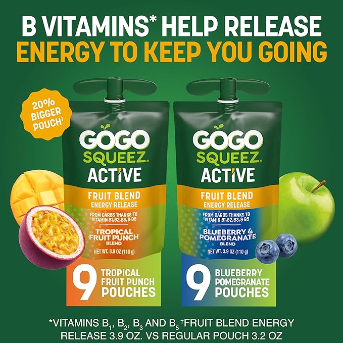 GoGo squeeZ Active Fruit Blend Energy Release | 18-Count Variety Pack | Tropical Fruit Punch and