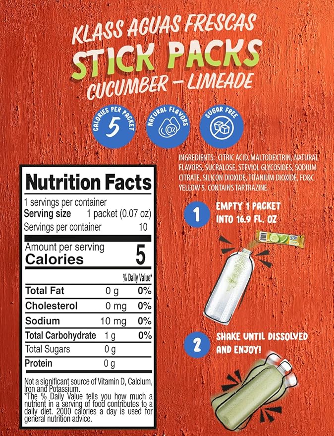 Klass Aguas Frescas | Drink Mix Cucumber Limeade | Sugar Free Drinks! (40 Count Powder Stick
