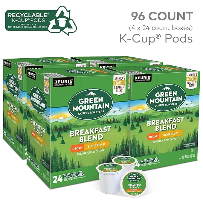 Green Mountain Coffee Roasters Breakfast Blend Decaf Coffee, Keurig Single Serve K-Cup pods, Light