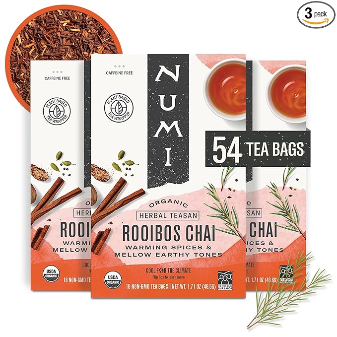 Numi Organic Rooibos Chai Tea Bags, 18 Tea Bags (Pack of 3), Red Tea with Cinnamon, Allspice &