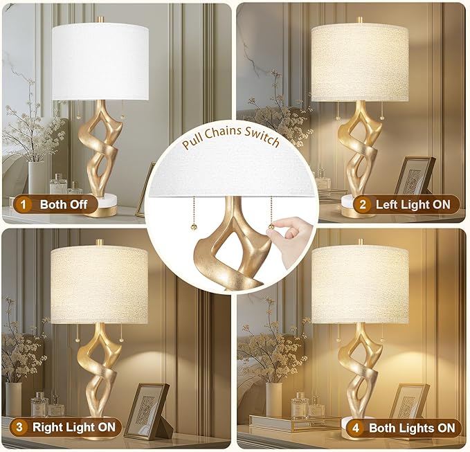 Scenekoy Sculptural Table Lamp Set of 2 with USB Ports for Bedroom Living Room, 26” Gold Leaf