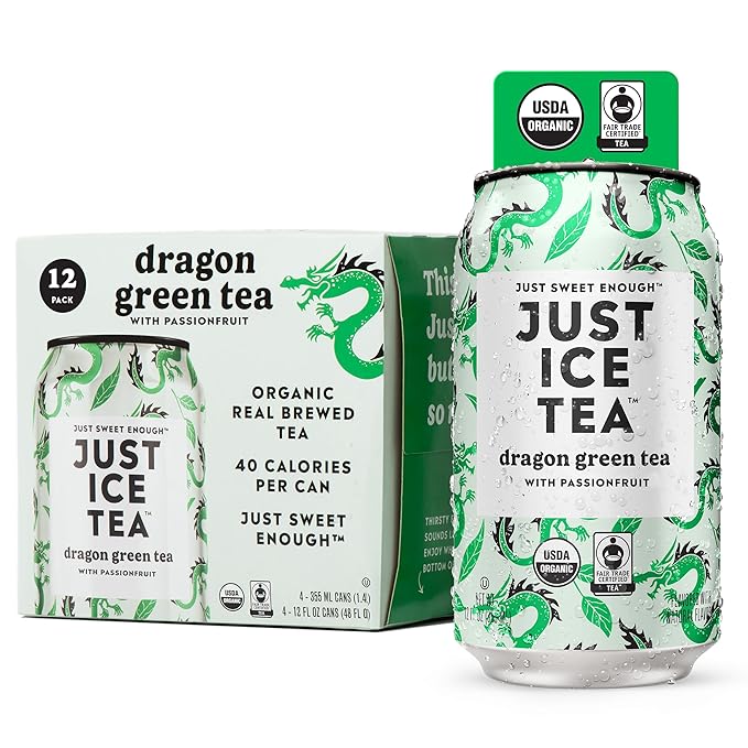 Just Ice Tea, Dragon Green Iced Tea, 12-Pack (12oz Cans), Green Tea, USDA Certified Organic, Real