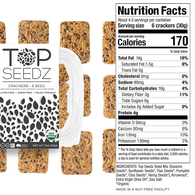 Top Seedz Certified Organic Gluten Free Cumin and 6 Seed Crackers | 6-Pack | 5 Ounces | Healthy