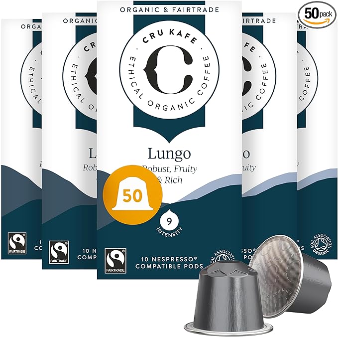 Cru Kafe Lungo Americano Strong USDA Organic Espresso Coffee Capsules (50 Pods) Fairtrade Coffee