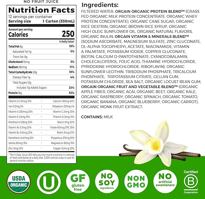 Orgain Organic Nutritional Protein Shake, Vanilla Bean - 16g Grass Fed Whey Protein, Meal