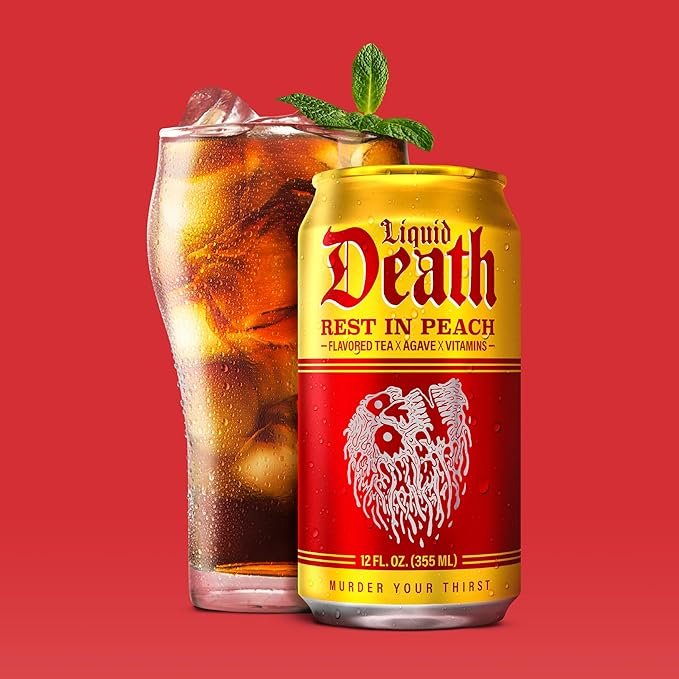 Liquid Death, Rest in Peach Iced Tea, 12-Pack (12 oz Cans), Peach Flavored Back Tea, Low Calorie