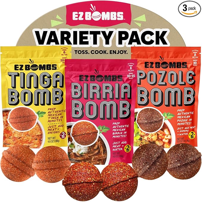EZ Bombs Variety Pack – Pozole, Tinga & Birria Bomb Seasonings – Authentic Mexican Spice Mix for