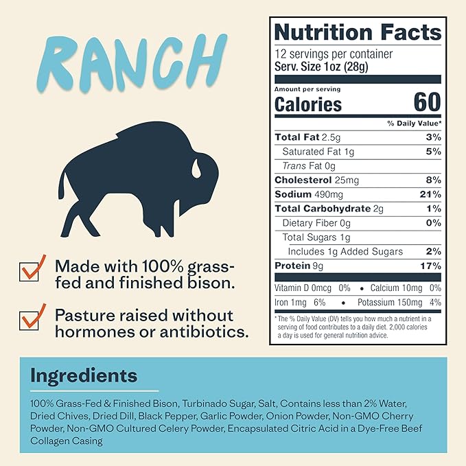 Patagonia Provisions Bison Sticks - Ranch | 100% Grass-Fed, 8g of Protein, 60 Calories | No