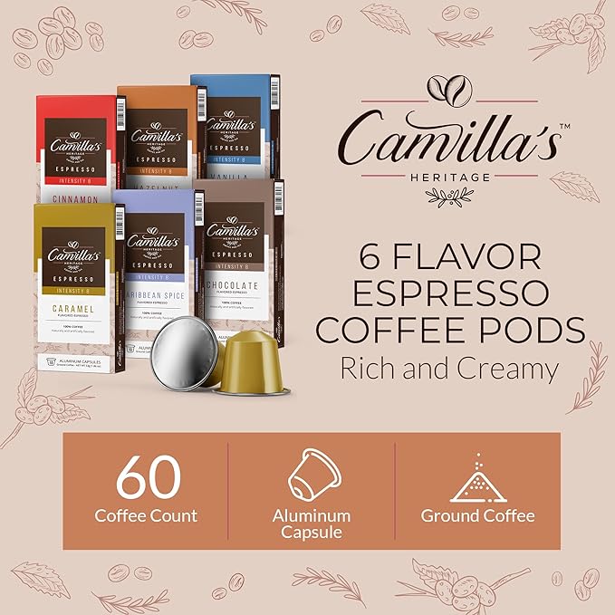 Camilla’s Heritage - Intensity 8 Flavored Espresso Coffee Variety Pack (Caribbean Spice, Cinnamon