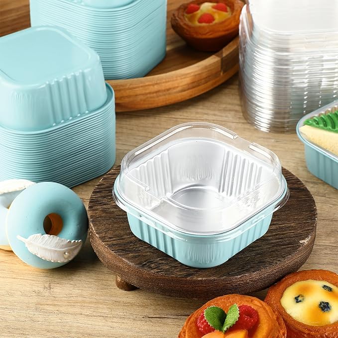 Aoriher 150 Pieces 10 oz Mini Cake Pans with Lids Aluminum Foil Baking Cups Square Disposable 4" x