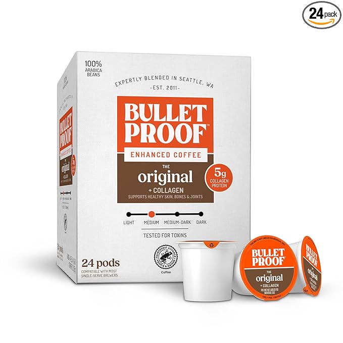 Bulletproof Coffee + Collagen Single-Serve Coffee Pods, 24 Count, Clean Coffee Tested for Toxins