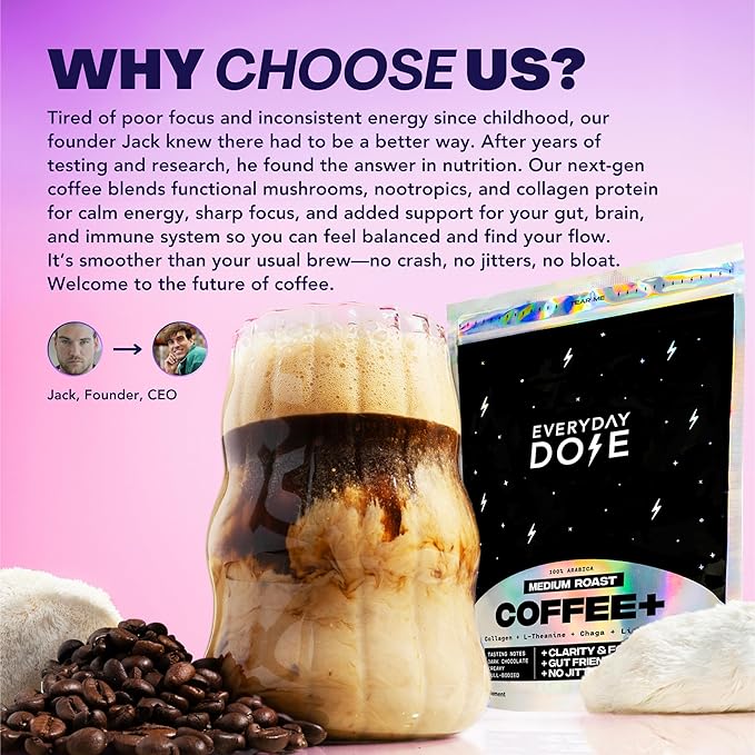 Everyday Dose Bold Medium Roast Mushroom Coffee 90mg Caffeine per serving with Grass-Fed Collagen