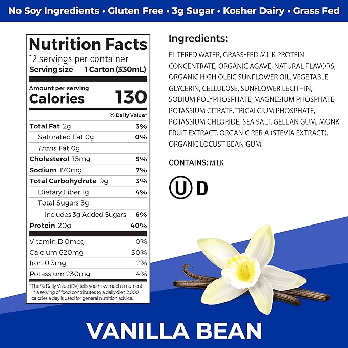 Orgain Clean Protein Shake, Grass Fed Dairy, Vanilla Bean - 20g Whey High Protein, Kosher, Ready to