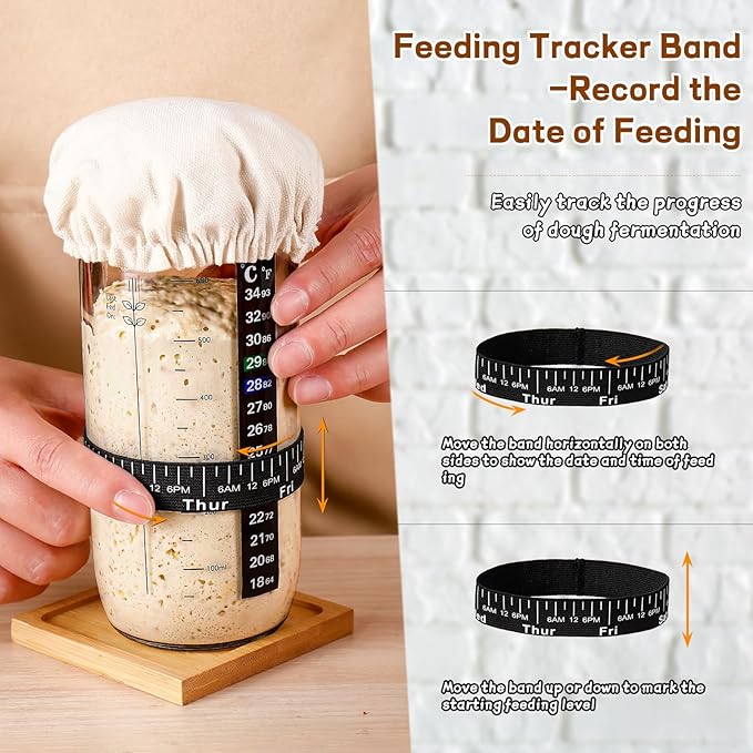 DWTS DANWEITESI Sourdough Starter Jar with Date Marked Feeding Band, Thermometer, Sourdough