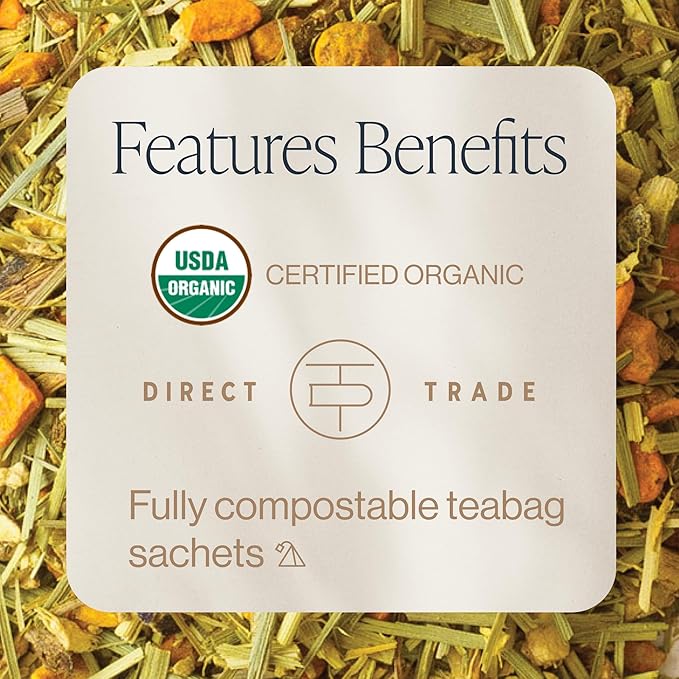 Rishi Tea Turmeric Ginger Herbal Tea - Organic Sachet Bags, Caffeine Free Ayurvedic Digestive Blend