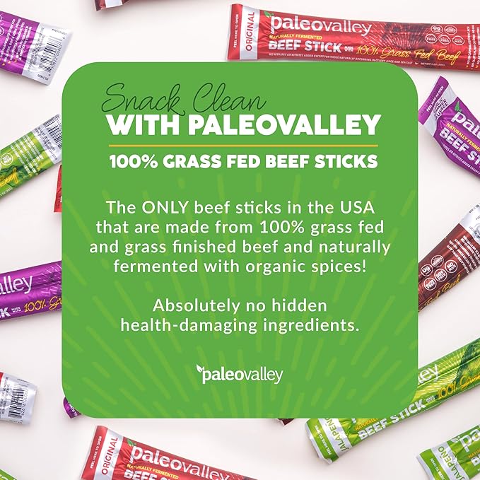 Paleovalley 100% Grass Fed Beef Sticks - Delicious Gluten Free Beef Snack - High Protein Keto