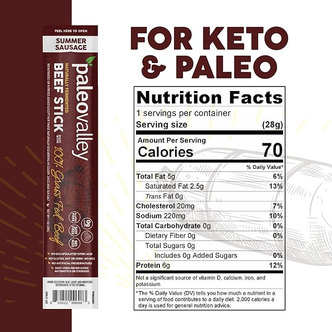 Paleovalley 100% Grass Fed Summer Sausage Beef Sticks