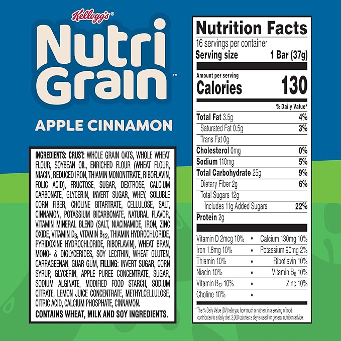 Nutri-Grain Breakfast Bars, Made with 10g Whole Grains, Snack Bars, Apple Cinnamon, 20.8oz Box (16