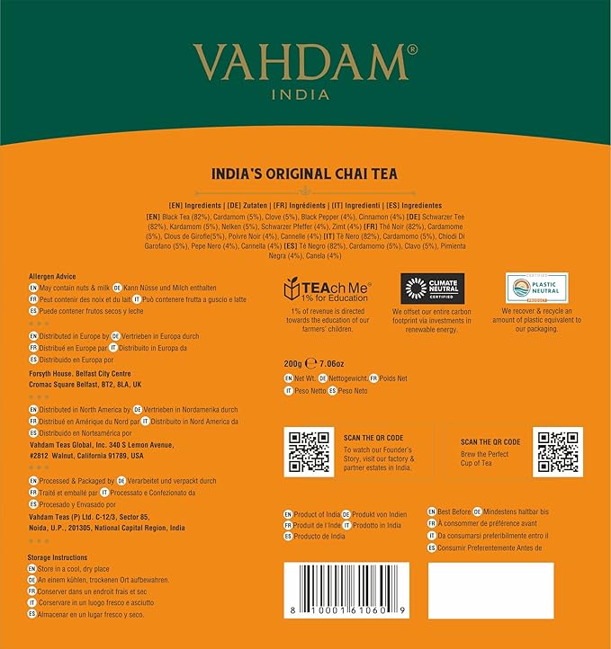 VAHDAM, India's Original Masala Chai Tea Bags (100 Count) No Added Flavoring | Blended w/Exotic