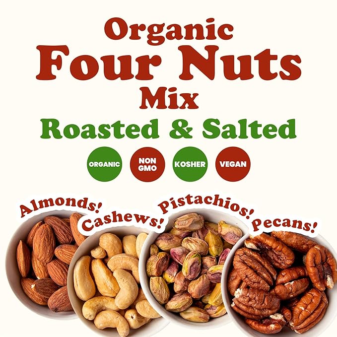 Food to Live Organic Four Nuts Mix, 1 Pound ??A Blend of Dry Roasted Pistachios, Almonds, Pecans