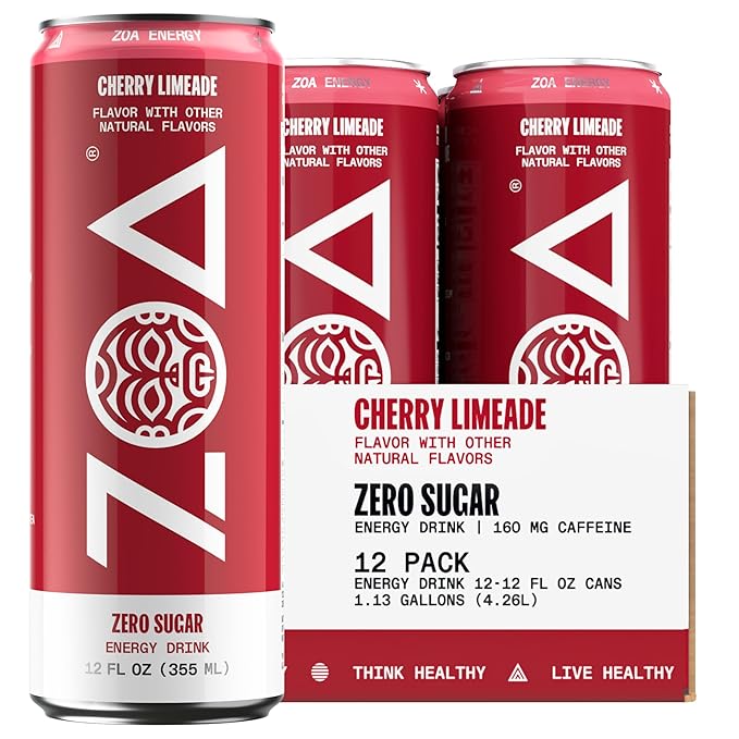 ZOA Zero Sugar Energy Drinks, Cherry Limeade - Sugar Free with Electrolytes, Healthy Vitamin C