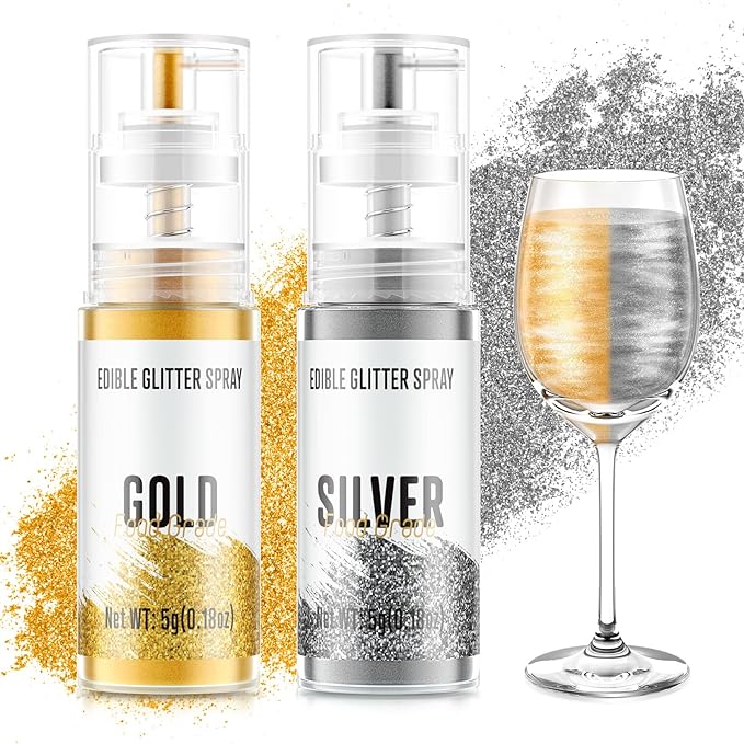 Edible Glitter Spray,Gold & Silver 2 Colors Food Grade Edible Glitter Set for Drink Cake