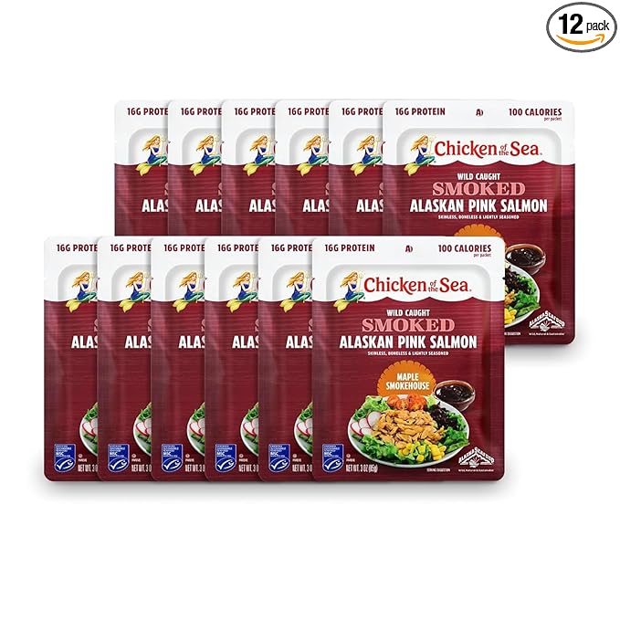 Chicken of the Sea Smoked Alaskan Pink Salmon, 3 oz. Packets (Box of 12), Wild Caught Salmon, Maple